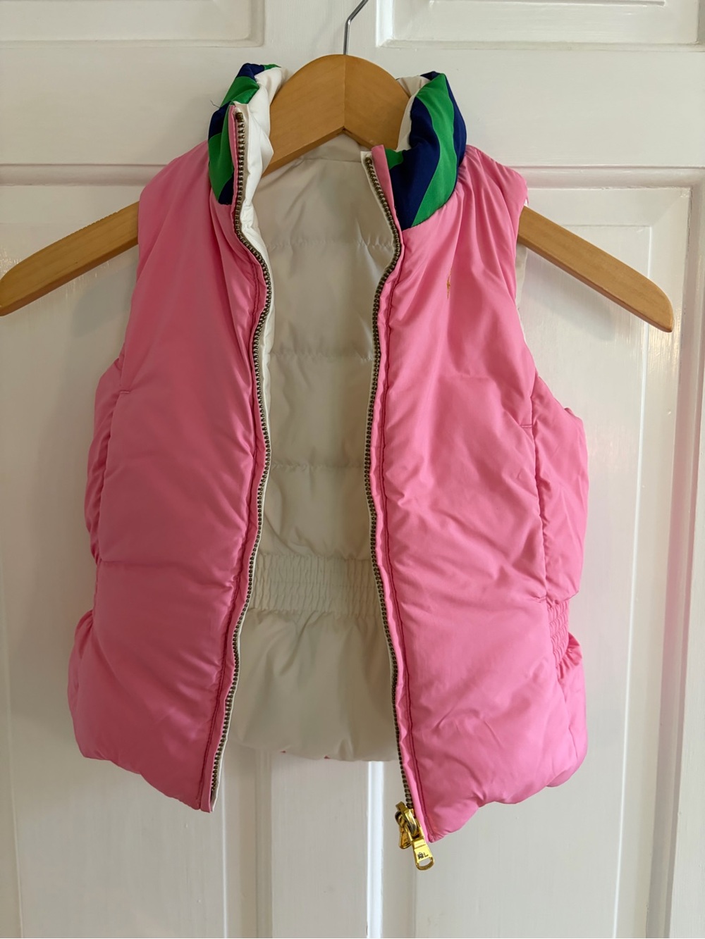 Ralph Lauren 4T Cream Pink Puffer Vest Reversible blue green collar polo logo